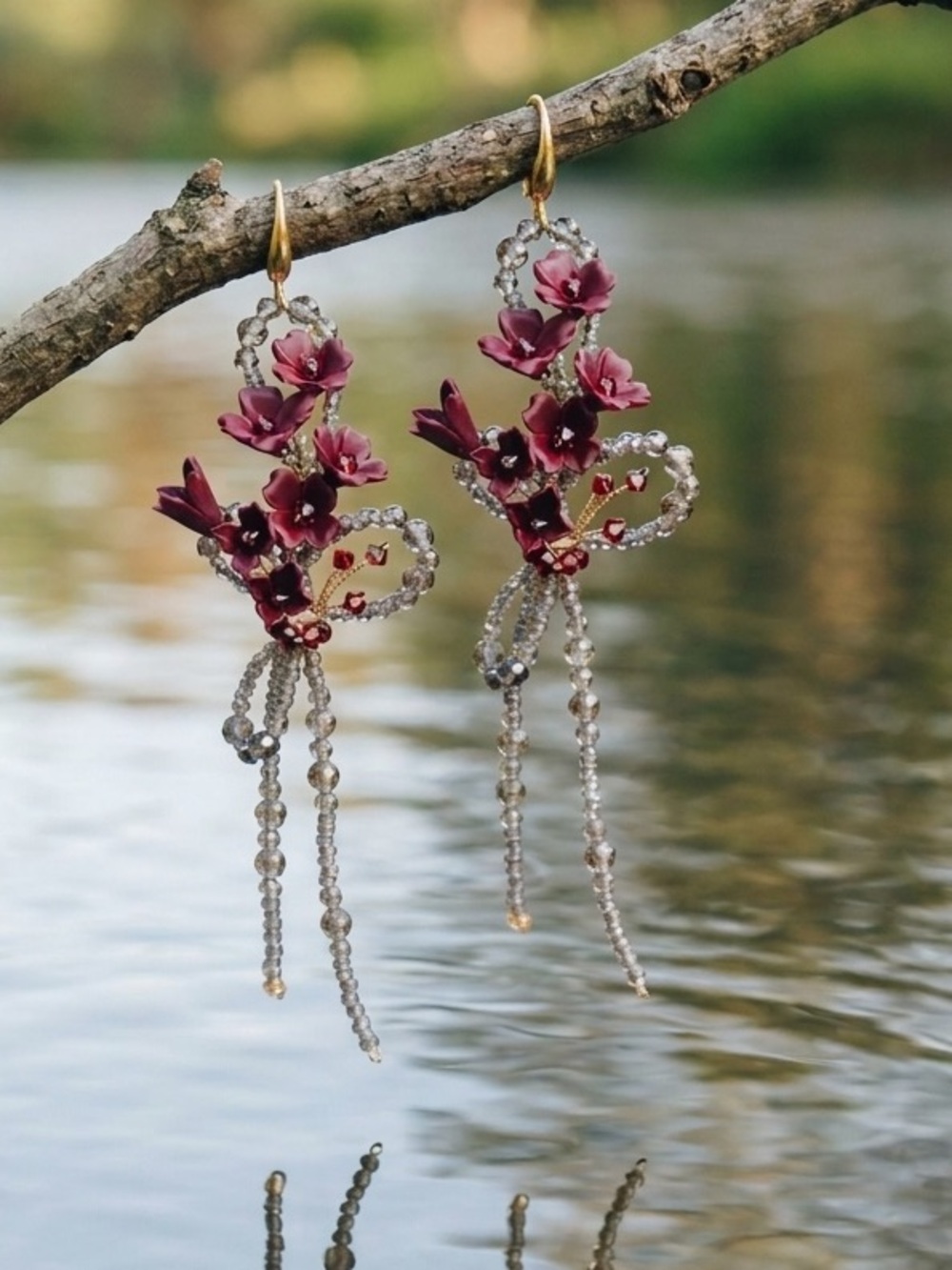 Delicate Burgundy and Garnet Floral Drop Earrings